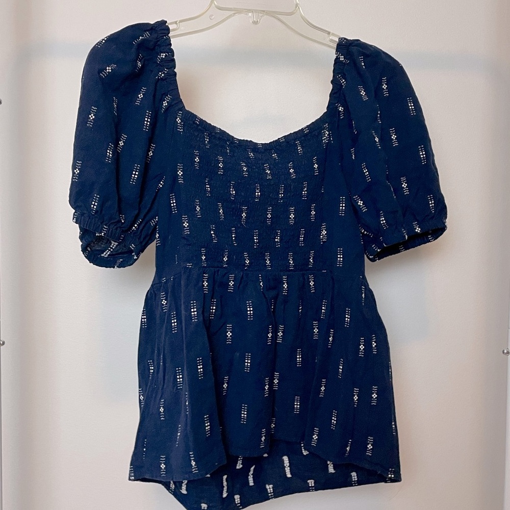 Madewell Jacquard Puff-Sleeve Empire Top, Navy, Size Medium